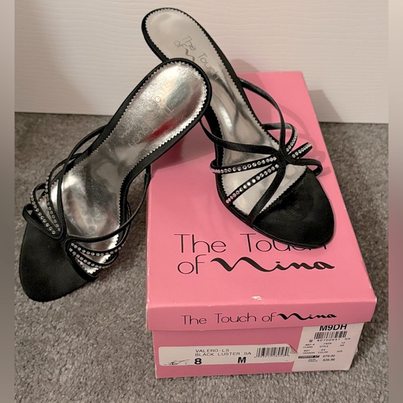 Nina Black Strappy Heels with Rhinestones - Picture 1 of 7
